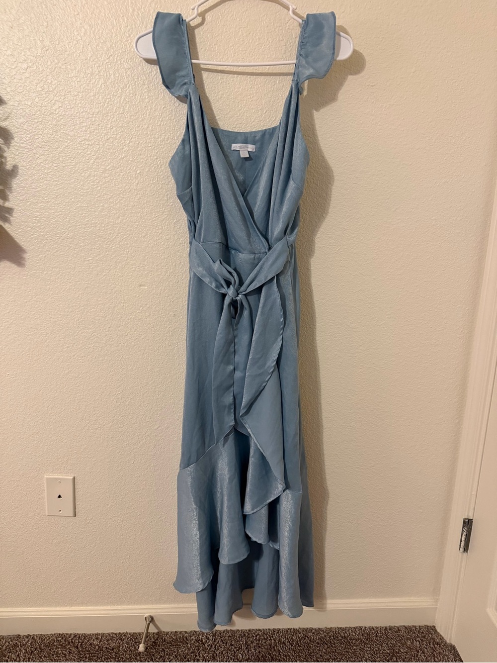 New York & Company Dusty Blue Ruffle Wrap High-Low Dress